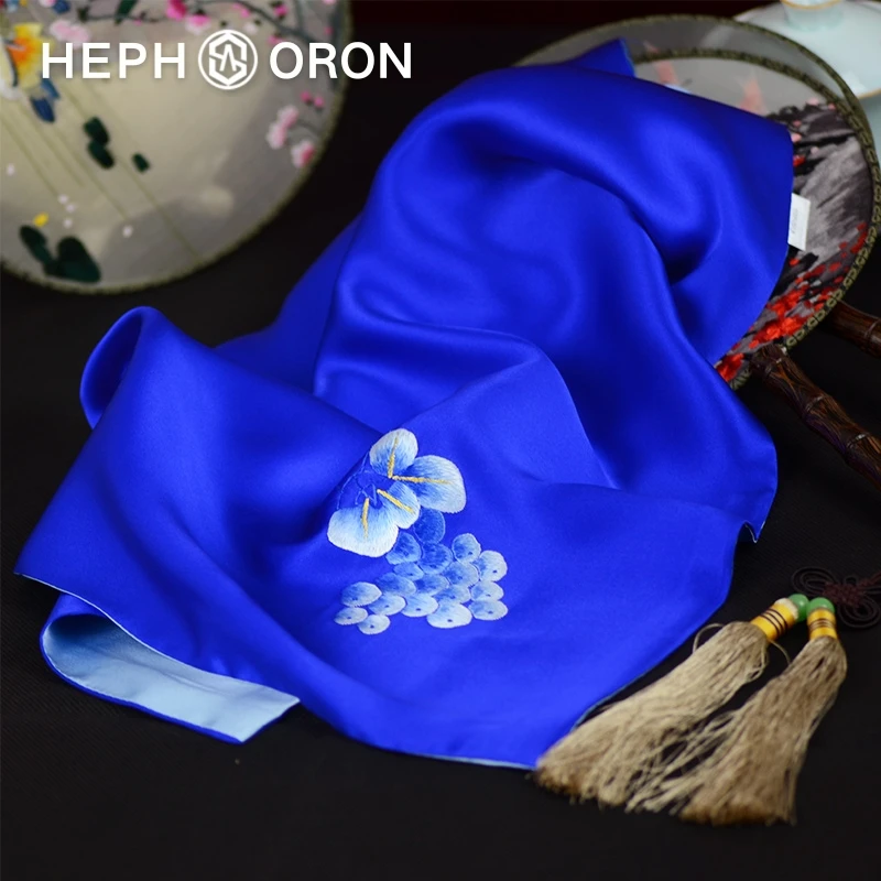 HEPHSORON苏绣丝巾礼盒送长辈蓝色刺绣百搭高级感桑蚕丝真丝方巾