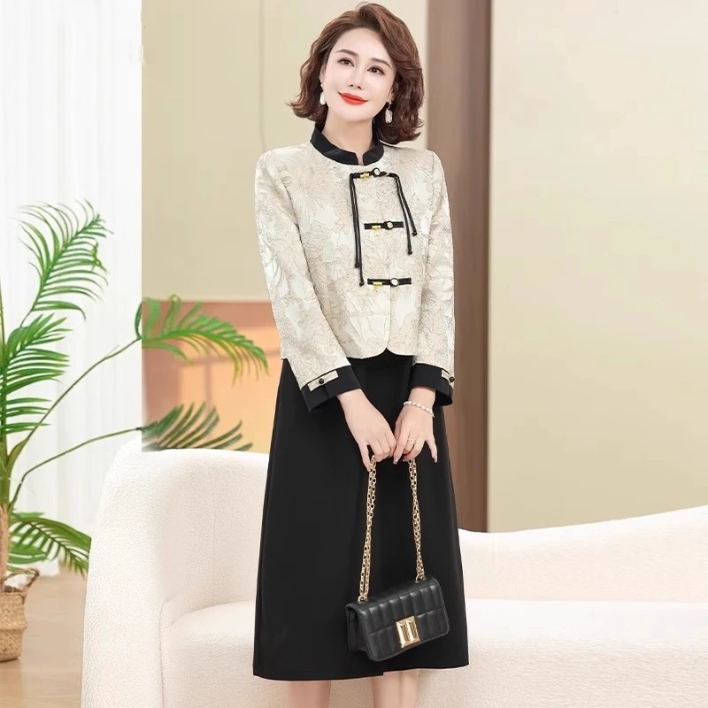 妈妈秋装连衣裙套装2025新款新中式国风外套中老年女春秋洋气裙子