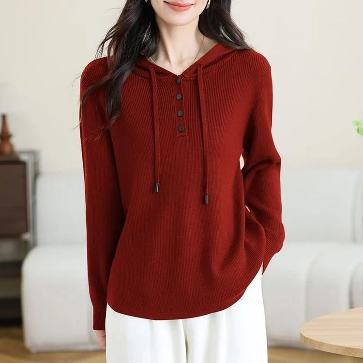 春秋季妈妈装时尚减龄针织衫 百搭连帽针织外套