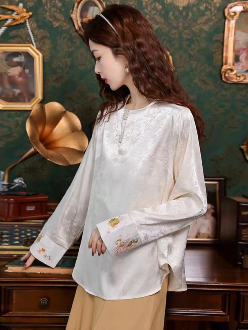 时尚新中式中国风刺绣上衣内搭国风长袖衬衫宽松圆领打底衬衣小衫