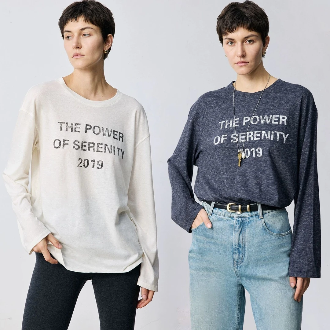 "字母T"棉天丝混纺牛仔纱实穿宽松直身落肩长袖字母T恤