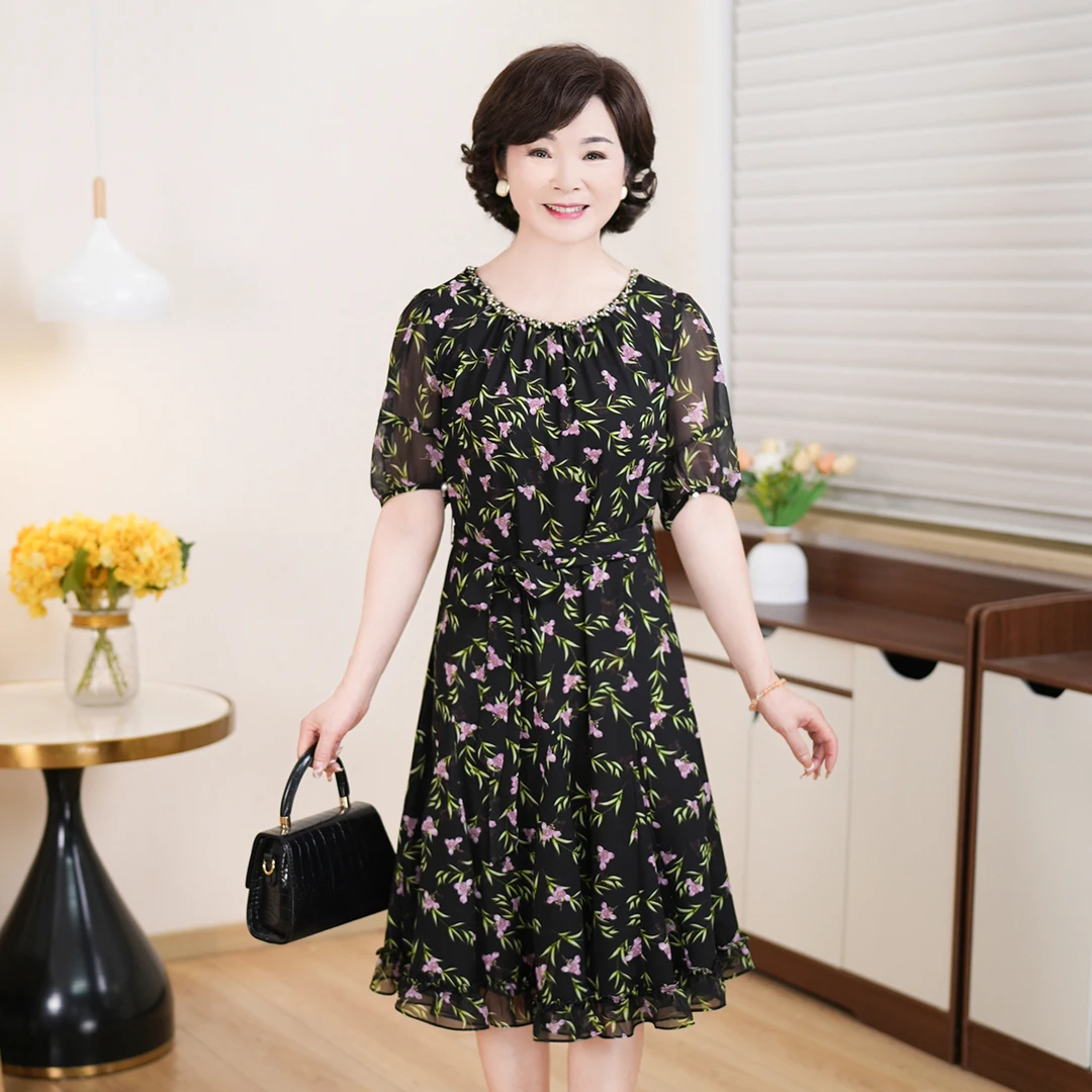 中年妈妈装洋气高贵连衣裙2025夏装新款中老年春季短袖印花裙子