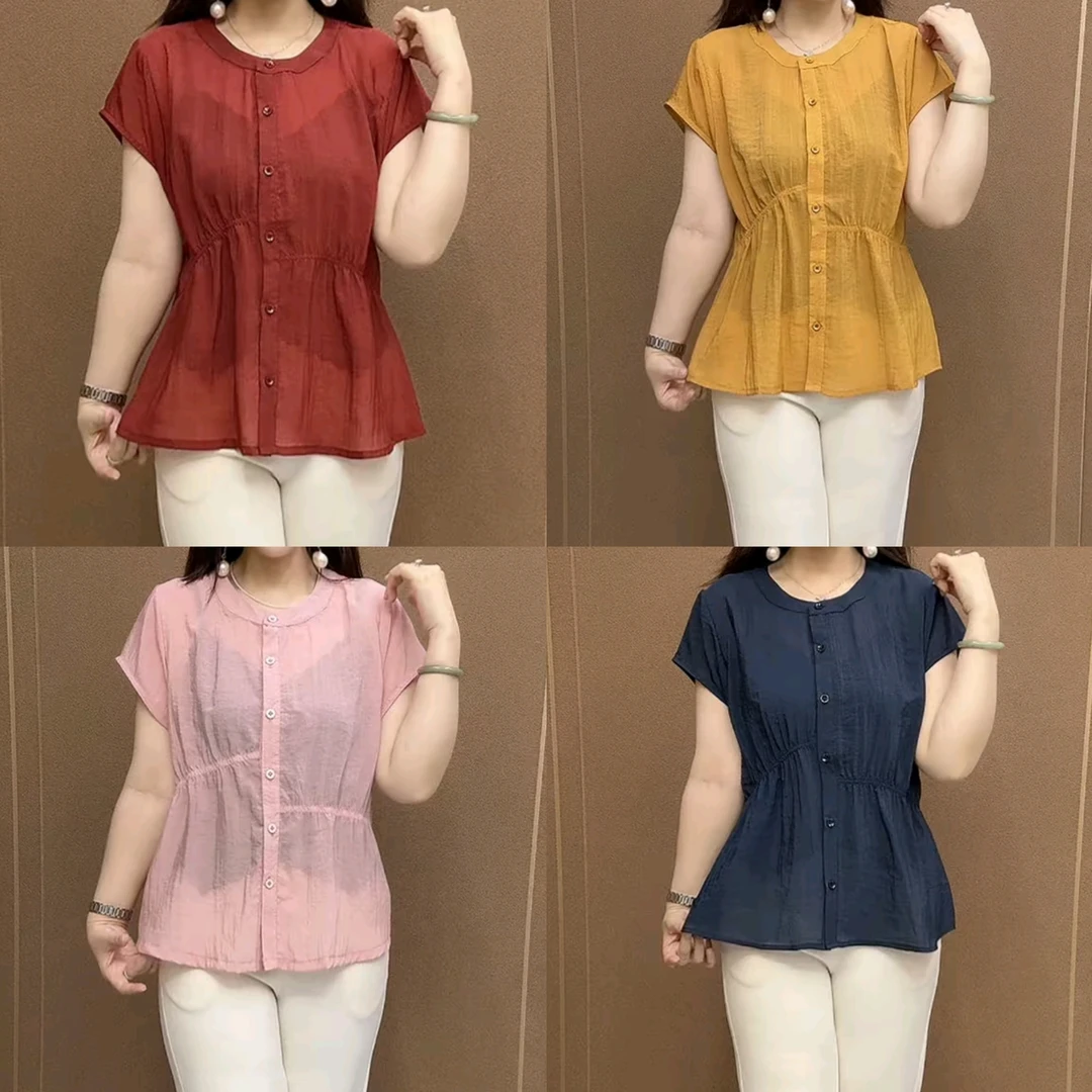 夏季女士圆领透气短袖衬衫轻职风百搭减龄时尚舒适