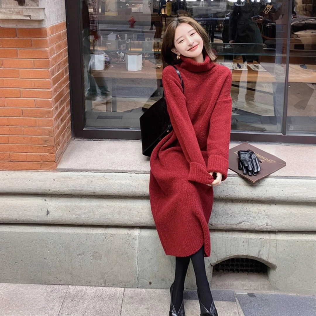 高级感配大衣过年红色毛衣裙女新年订婚高领冬季中长款针织连衣裙