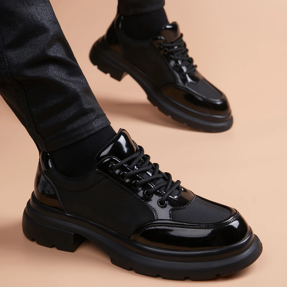 亮皮时尚休闲鞋子男款厚底增高鞋商务透气百搭潮流发泡轻底皮鞋子