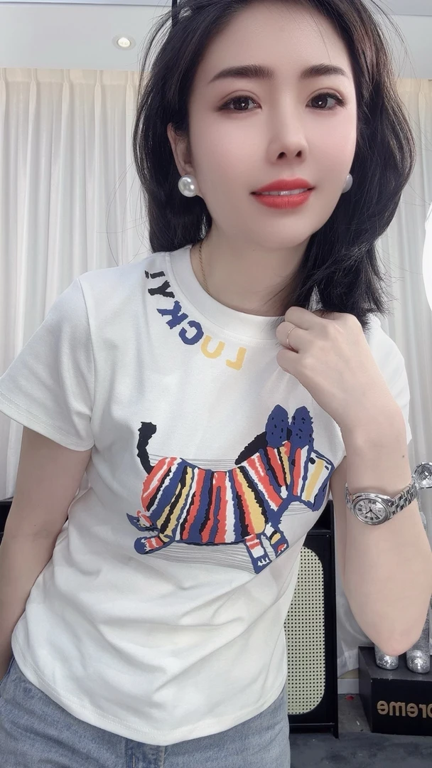 欧货卡通彩色小马印花短袖女2025夏季新款时尚减龄百搭修身T恤衫