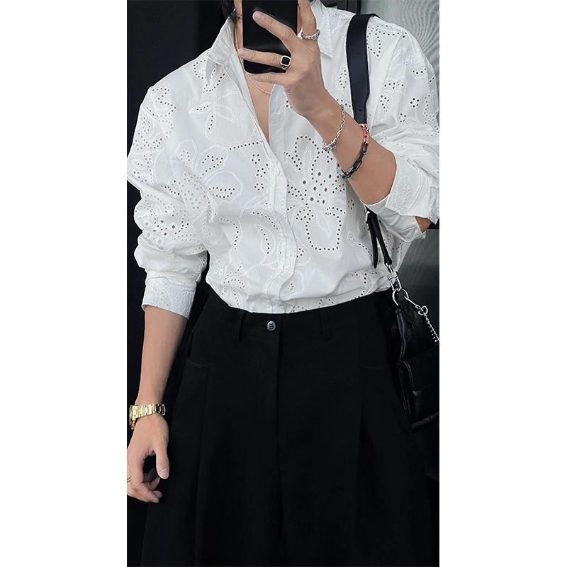 2025春季新品小众设计师款镂空绣花衬衫男纯棉休闲长袖衬衣