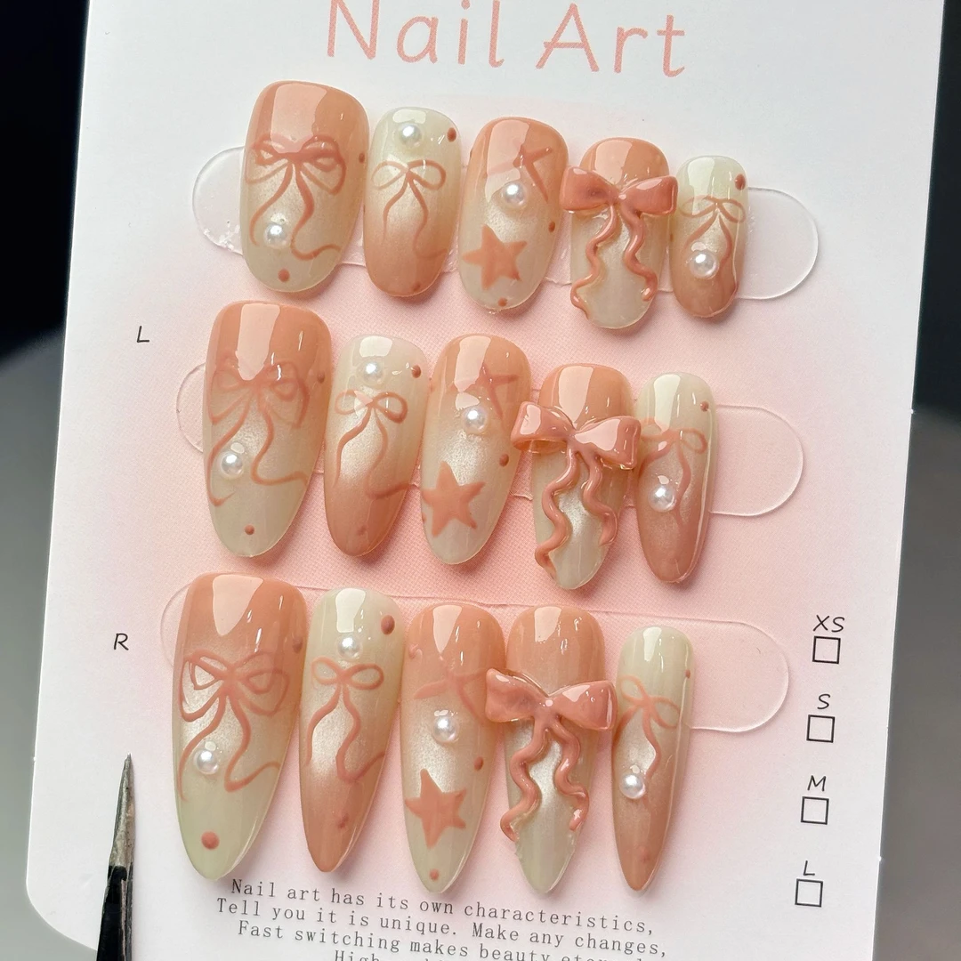 气质蝴蝶结穿戴甲甜美渐变假指甲显白高级感中长款美甲贴片