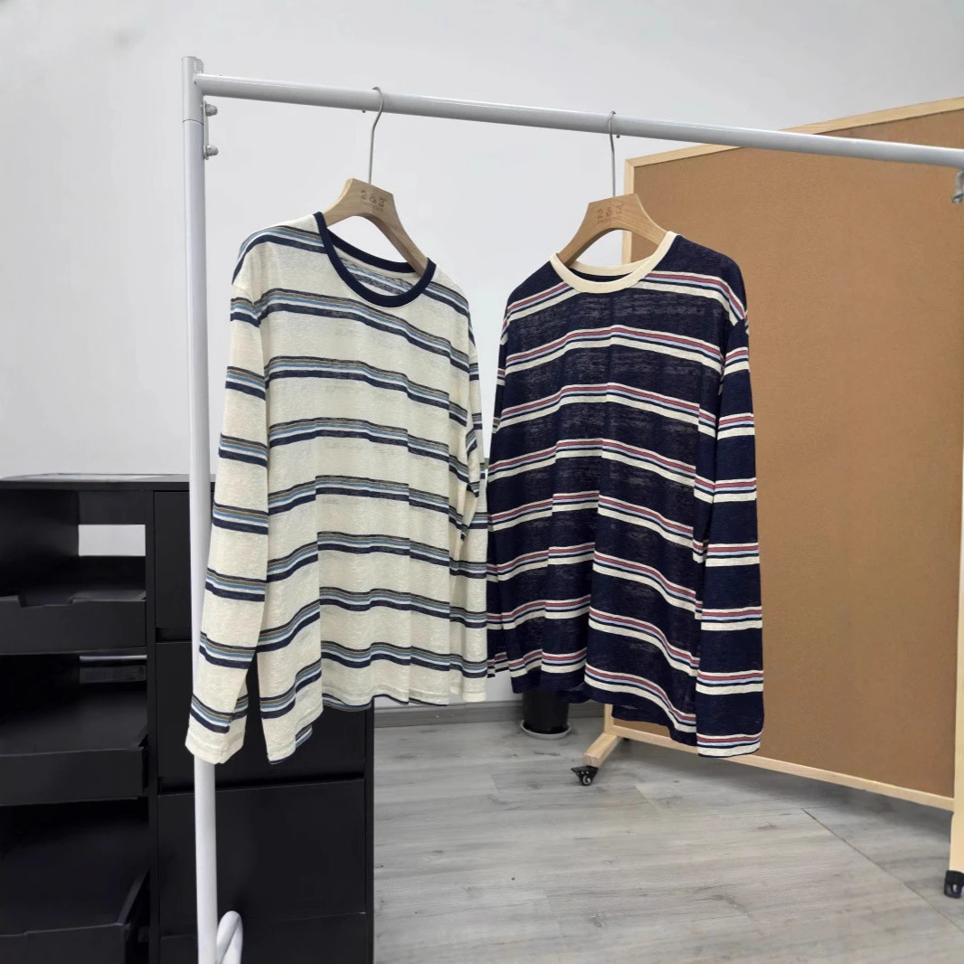 （小G霞姐） 休闲条纹圆领长袖防晒T恤25夏薄款宽松显瘦百搭上衣