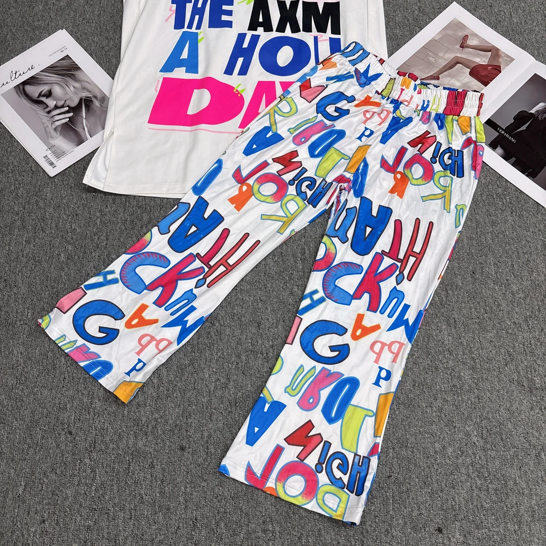 W0328夏装定制款轻薄弹力牛奶丝印花彩色大字母八分微喇裤