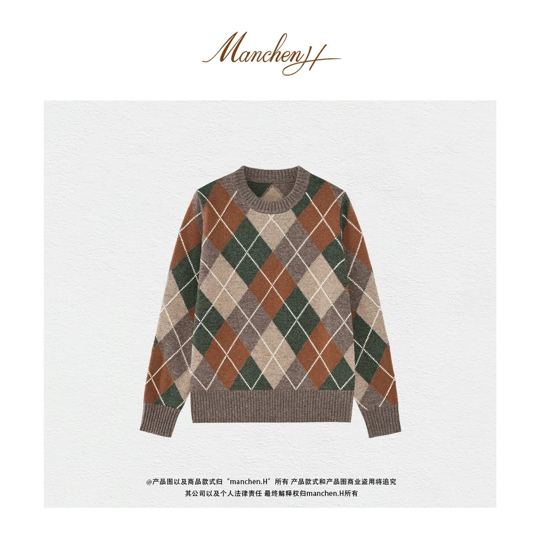 曼辰manchenh"针织方程"原版色纺纱10色菱格挂毛针织上衣