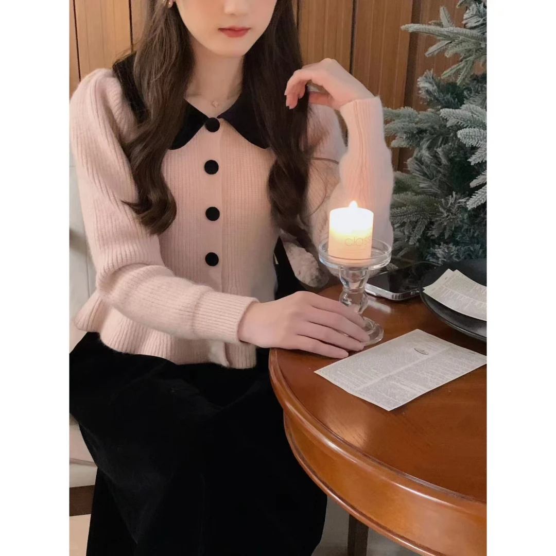 安璃 撞色翻领排扣坑条毛衣显瘦开衫 60288