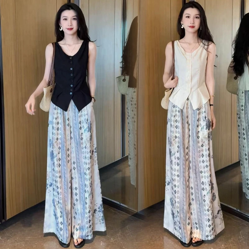 时尚套装女2025夏季新款洋气显瘦无袖上衣+休闲印花阔腿裤两件套