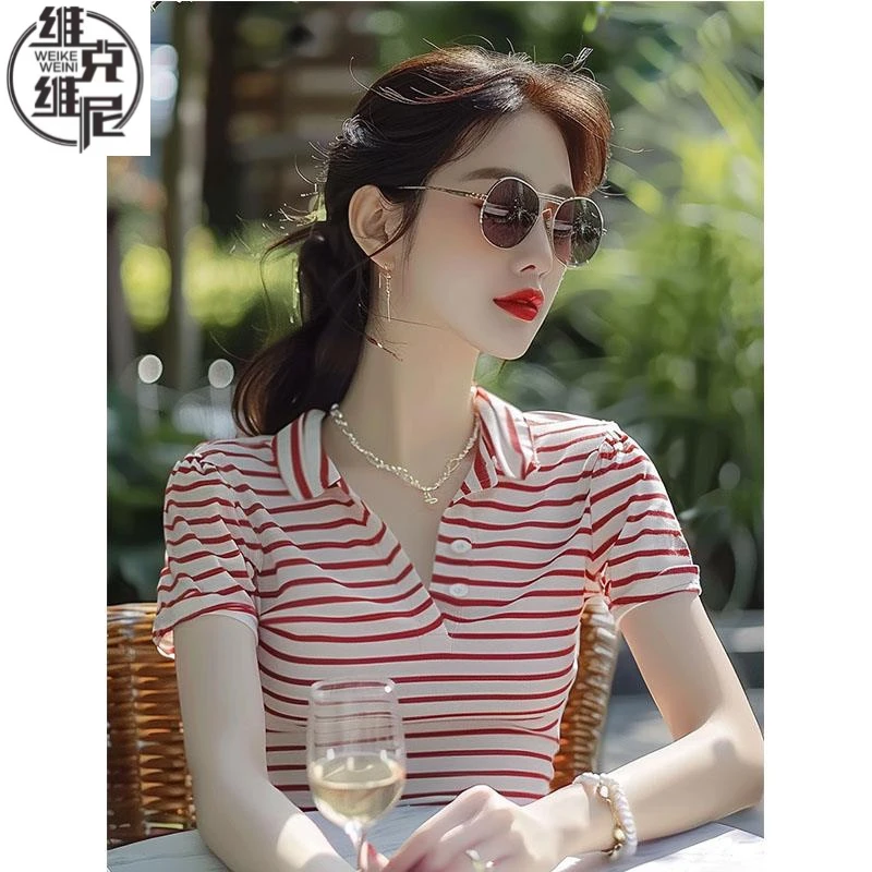 【精品爆款】热推“女短袖条纹Polo衫2025夏季新款”显瘦显气质女短袖