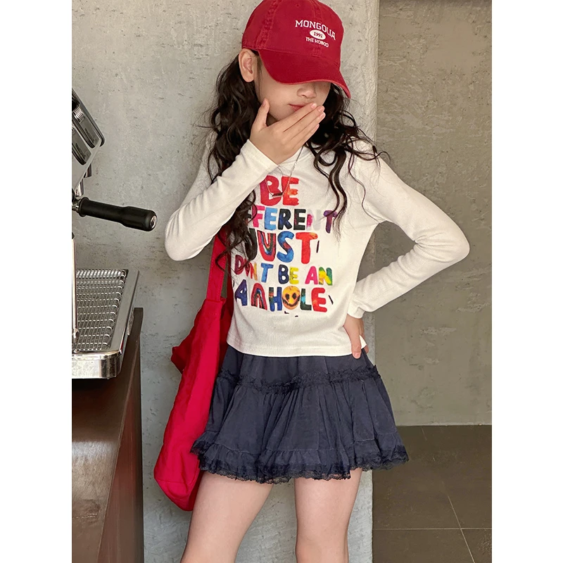 K28013彩绘女童长袖T恤2025新款时尚春装儿童上衣内搭女大童春秋t