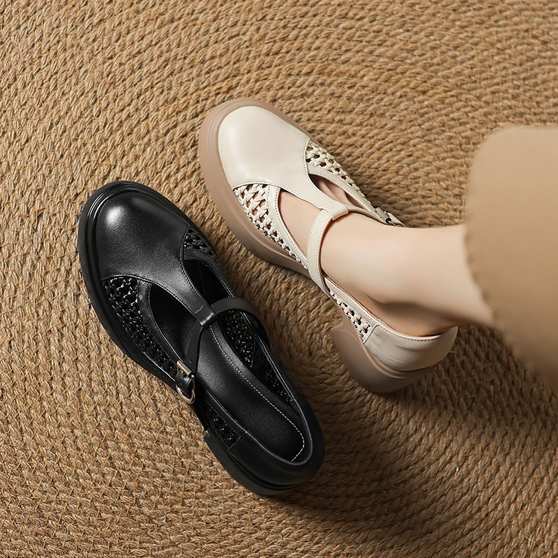 牛皮/7cm小众编织玛丽珍鞋厚底真皮2025年新款圆头丁字带粗跟单鞋