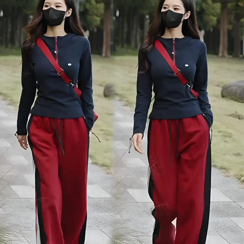 时尚套装女修身秋季新款半拉链连帽T恤卫衣休闲窄版阔腿裤两件套