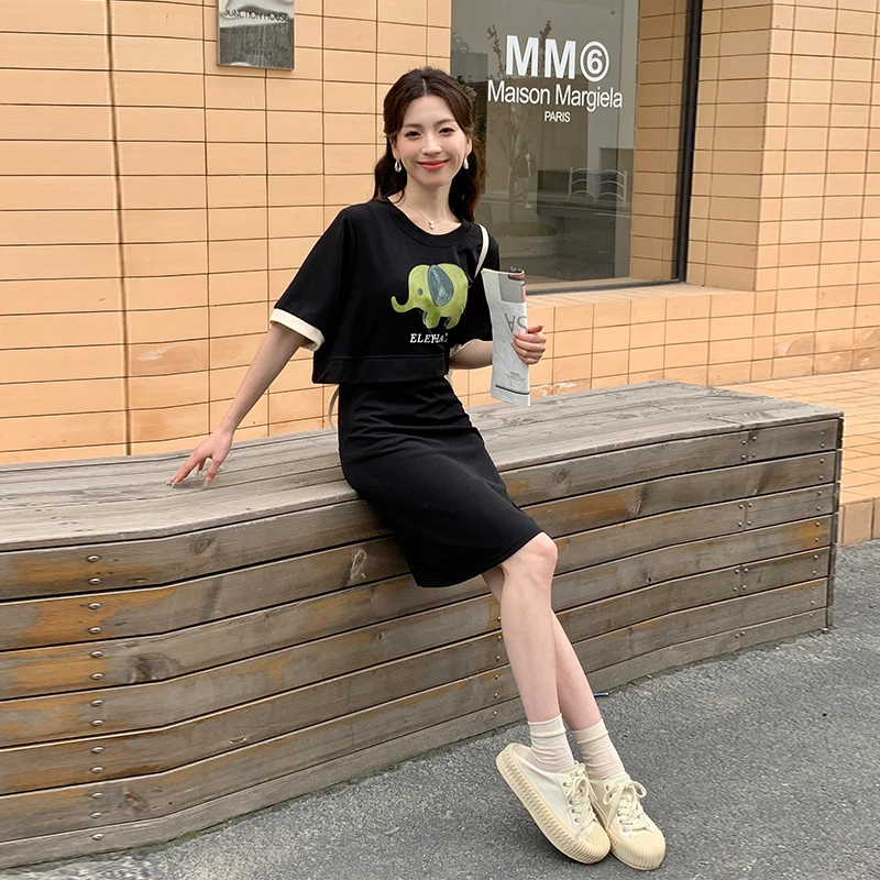 五季家大码绝美连衣裙夏季新款显瘦圆领短袖假两件长裙ZL93197