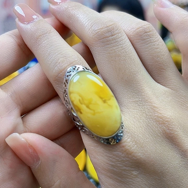 蜜蜡银S925镶嵌裸石戒指