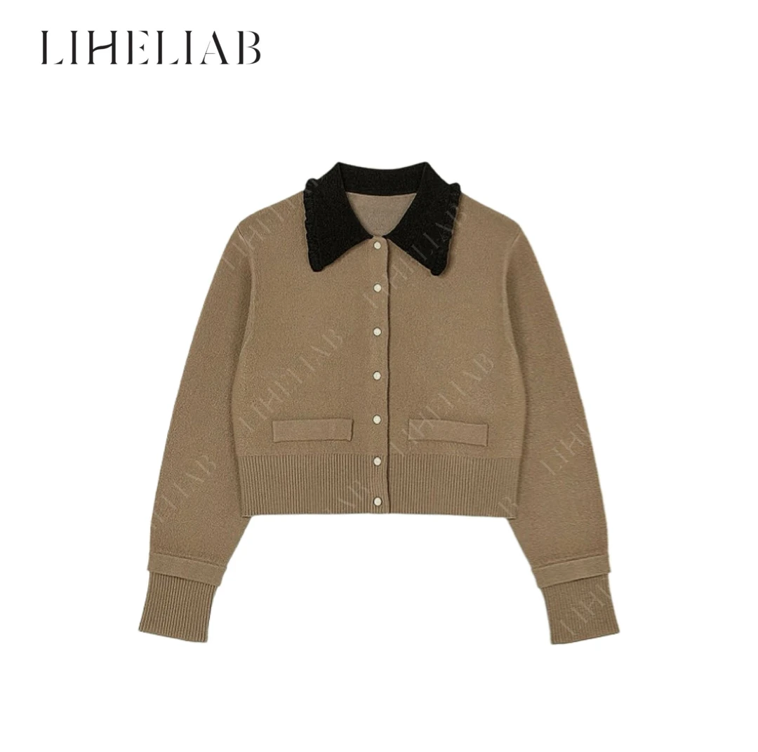 宝儿家 / SD拼色翻领针织衫 法式灯芯绒衣领气质通勤长袖针织开衫