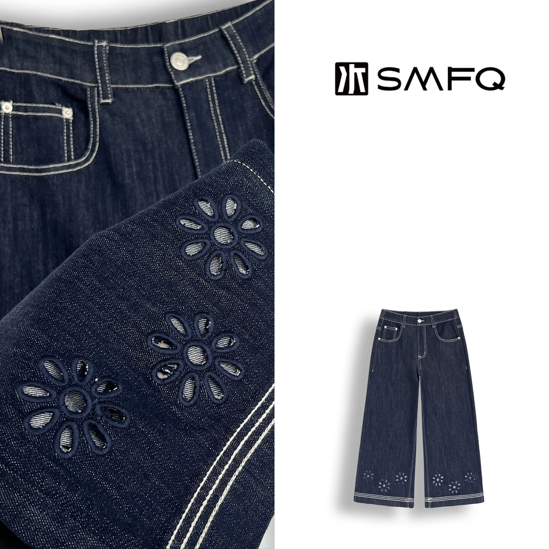 水木夫妻“心动八分“镂空刺绣花原色丹宁显瘦八分牛仔裤