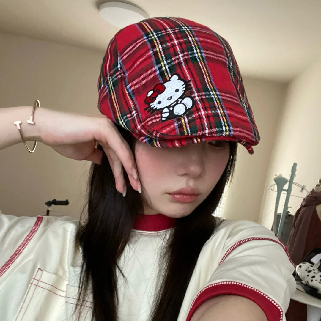 复古格子可爱复古报童帽夏天薄款透气前进帽女kitty显脸小鸭嘴帽