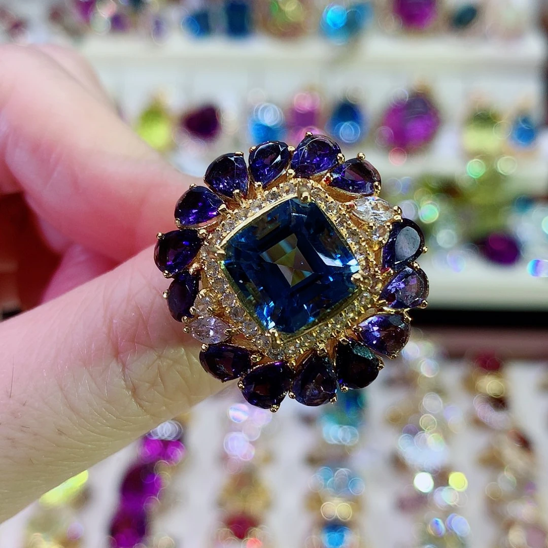 托帕石戒指银S925镀金镶嵌