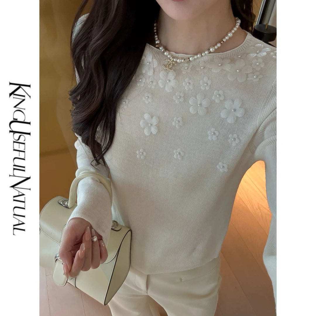 KUN【秋田花花】梦幻氛围 羊毛钉珠正肩一字领优雅显瘦秋冬打底上衣