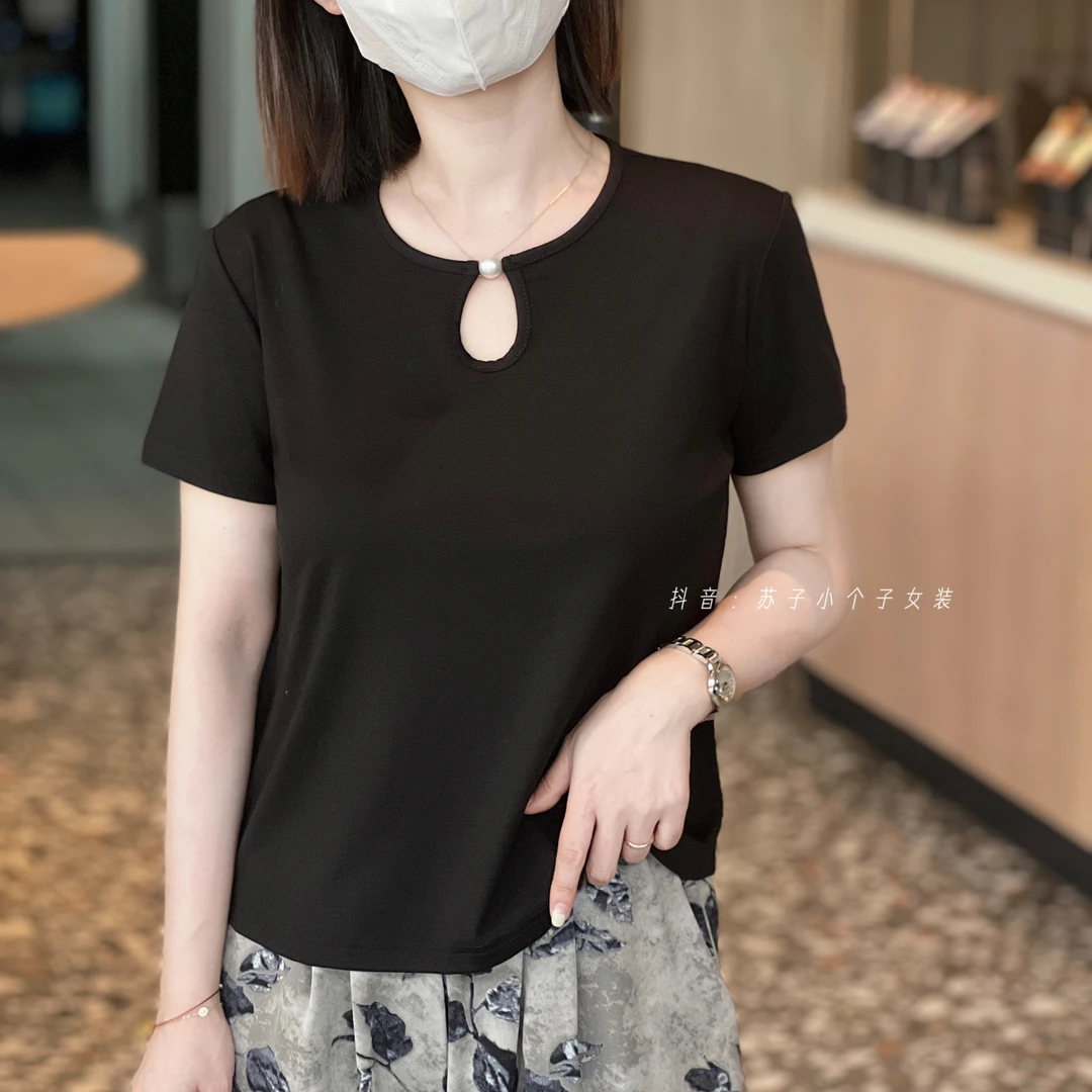 苏子自制【珍珠来信】夏季新款天丝法式圆领镂空短袖显瘦半袖