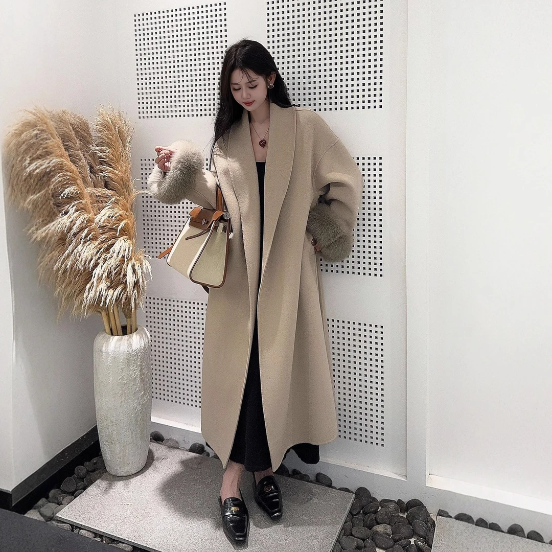 网红爆款秋冬新款双面羊毛大衣简约百搭宽松长款韩版气质毛呢外套