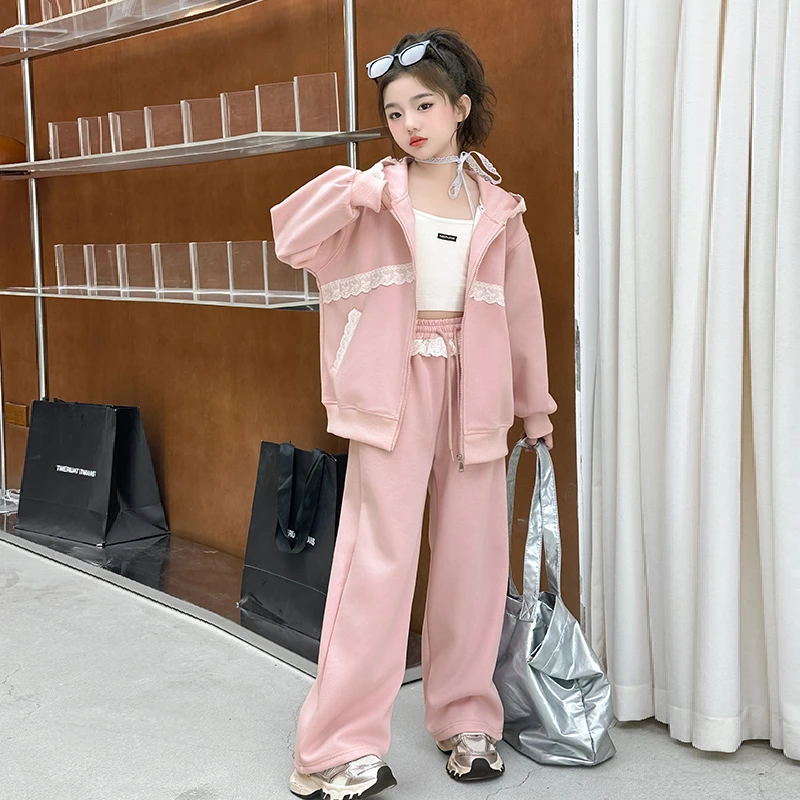 女童秋装休闲网红套装2025新款儿童洋气大童花边针织阔腿裤两件套