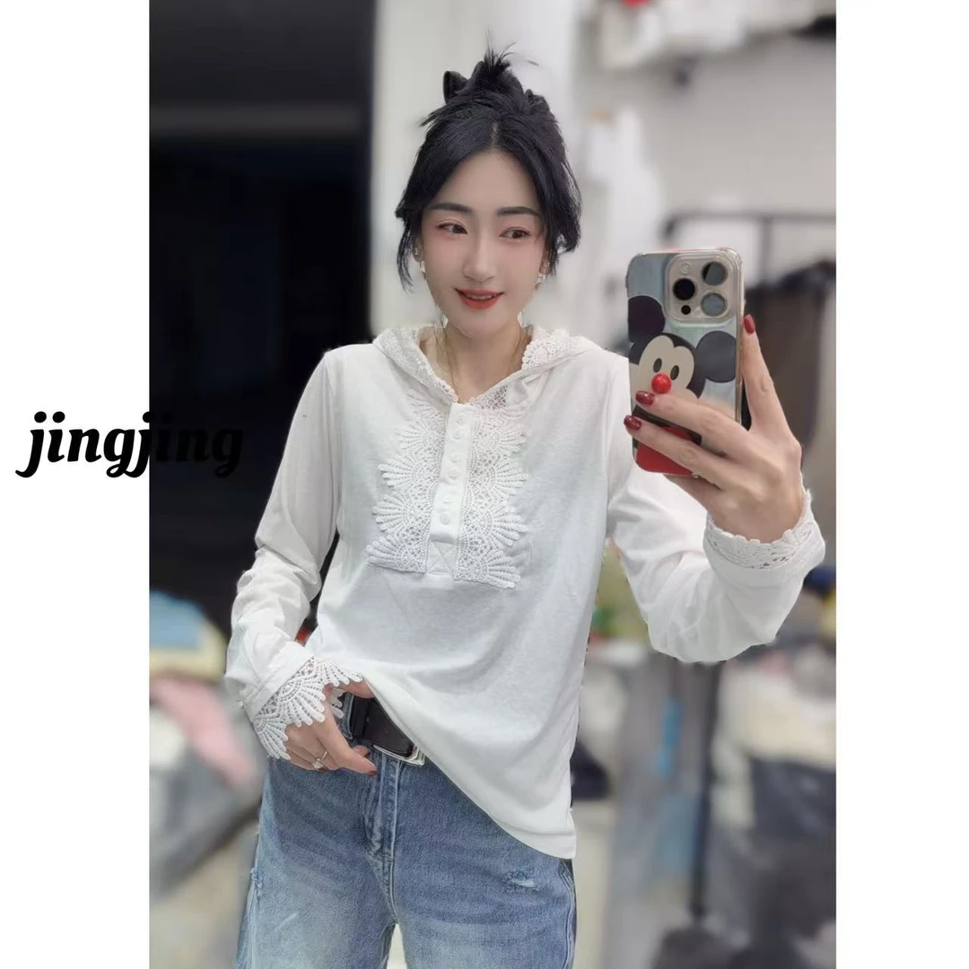 早春新款休闲百搭蕾丝花连帽T恤（1353）