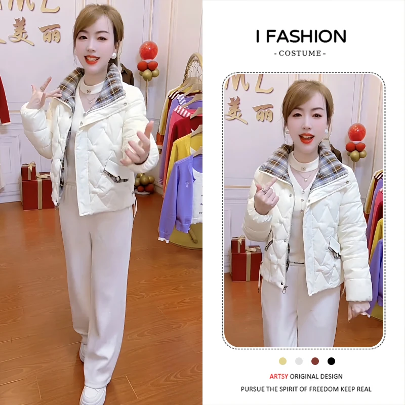 加厚时尚棉服短外套女2025冬季新款洋气显瘦减龄格子拼接棉袄