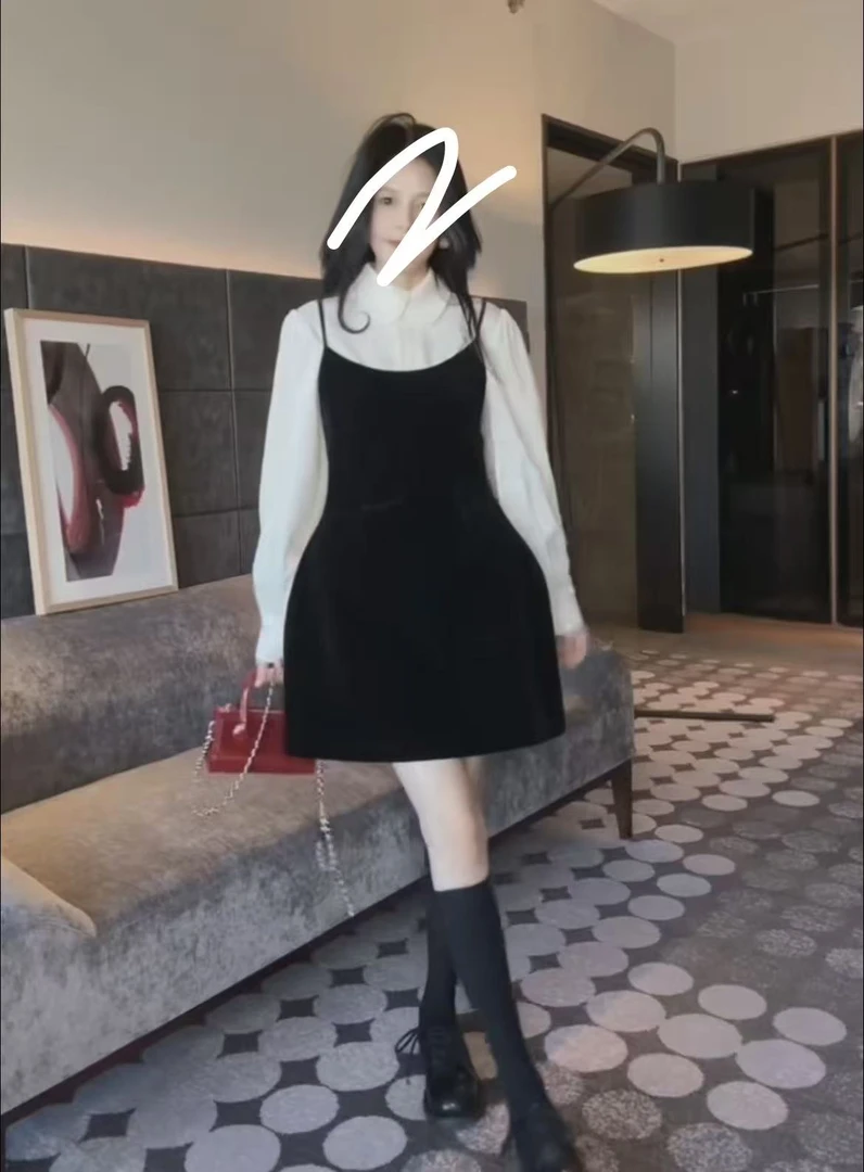 【绒夜绮梦】2025气质名媛风绝美大码显瘦文艺衬衫+吊带裙套装8880