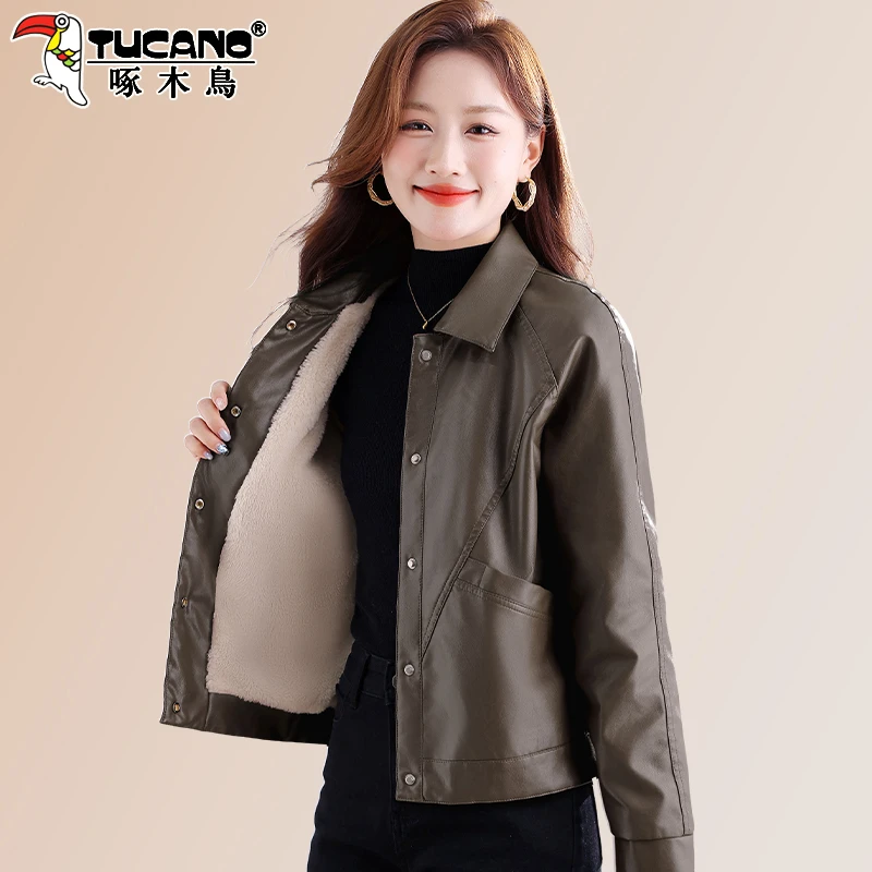 啄木鸟加绒皮衣女款2025新款时尚翻领中年妈妈秋冬季保暖PU皮夹克