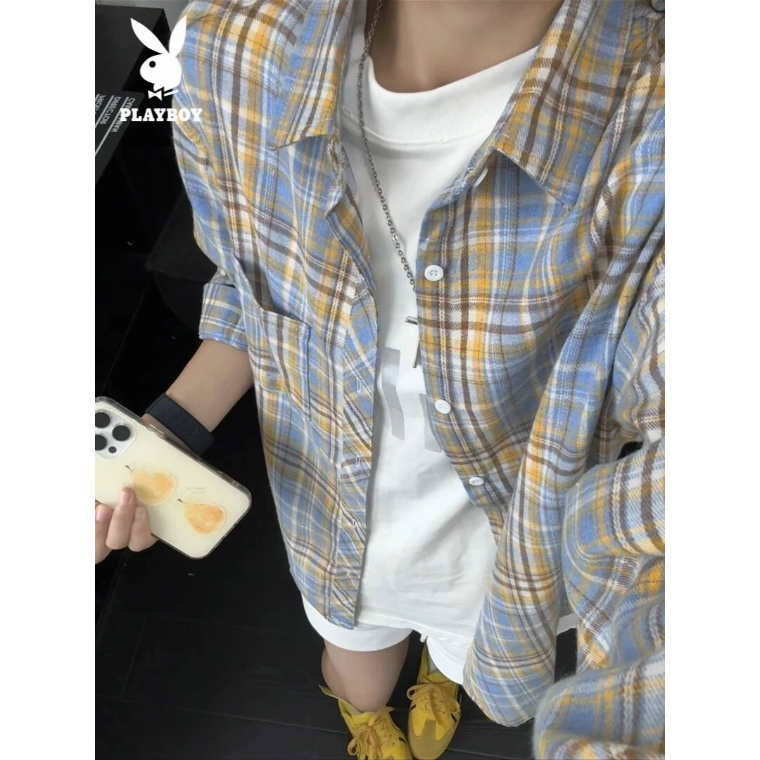 花花公子美式复古春秋黄蓝格子衬衫潮牌男装长袖衬衣情侣外套