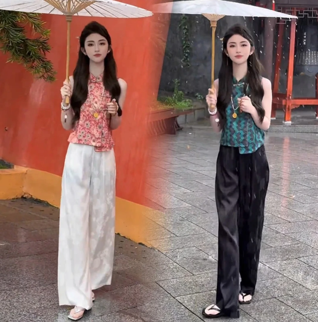 （烟雨江南）新中式洋气立领盘扣无袖上衣女2025夏季新款不规则衬衫