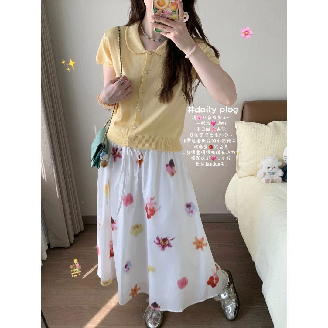 小沈美眉 春日花屿 白色印花晕染系带半身裙春夏高腰显瘦长裙子女