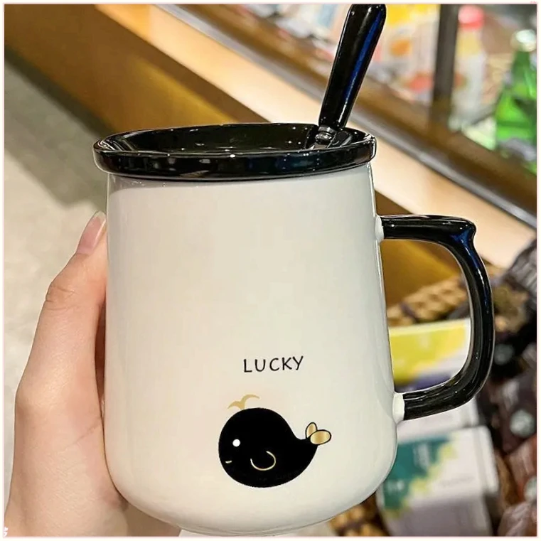现代简约鲸鱼陶瓷杯带盖礼品CBMS高颜值马克杯喝水杯创意办【鲲鹏】