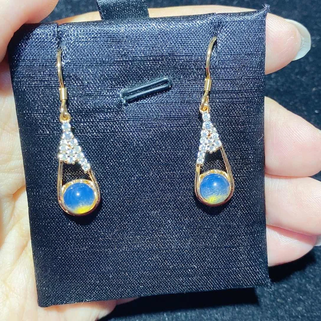 蓝珀银S925镶嵌珠宝奇石水滴耳勾