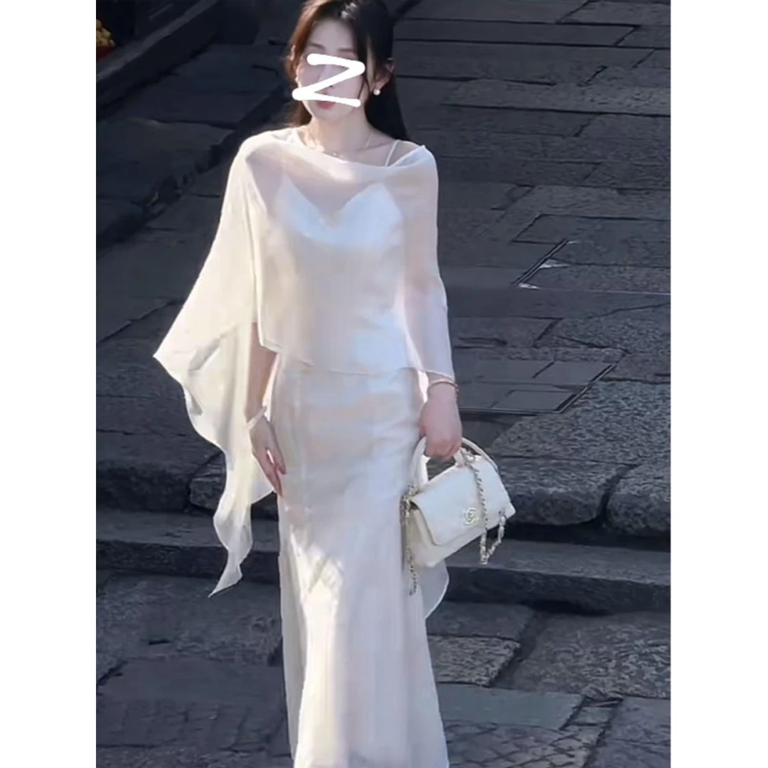 新中式国风防晒衣女夏天外搭薄纱不规则雪纺披肩配吊带连衣裙罩衫