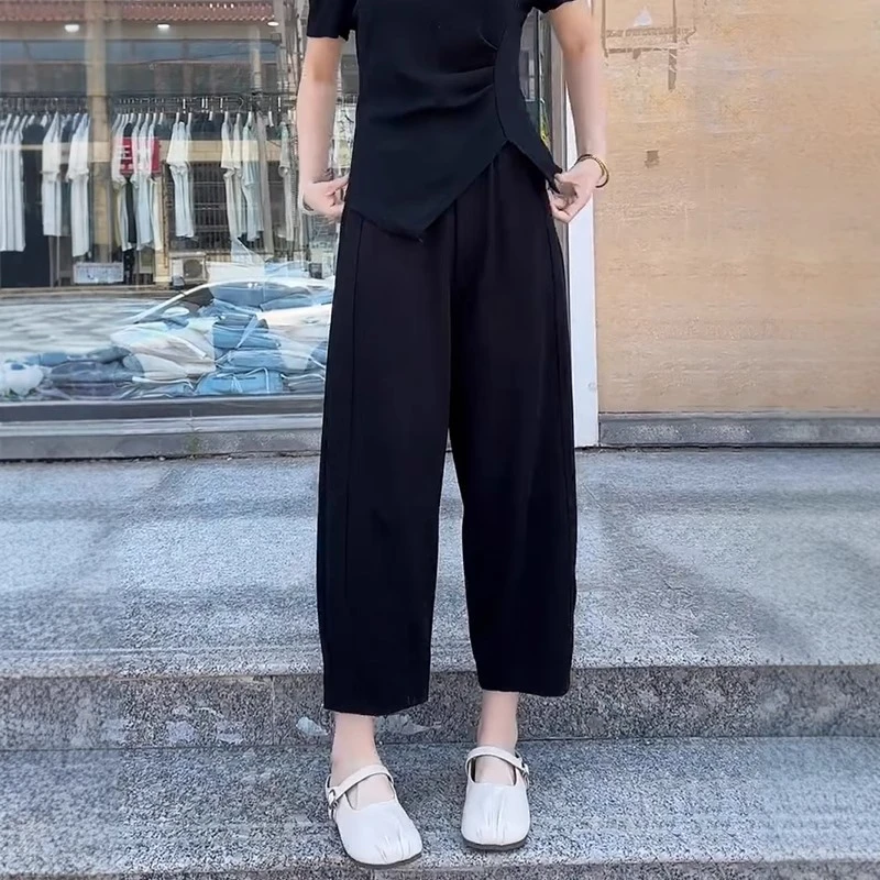 2025夏季薄款高腰显瘦垂感直筒休闲裤大码百搭弹力遮胯老爹哈伦裤