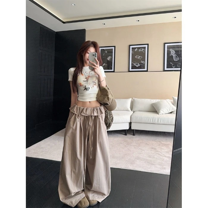 辣妹抽绳花边低腰休闲裤女设计感工装裤炸街宽松阔腿长裤拖地裤