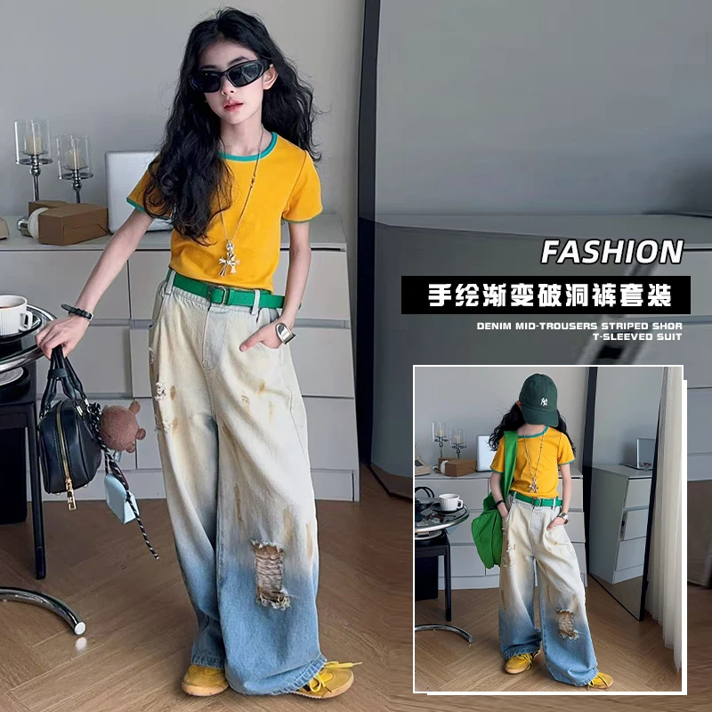 ☆甜蜜蜜☆女童拼色短袖2025夏季新款渐变破洞阔腿牛仔裤中大童套装