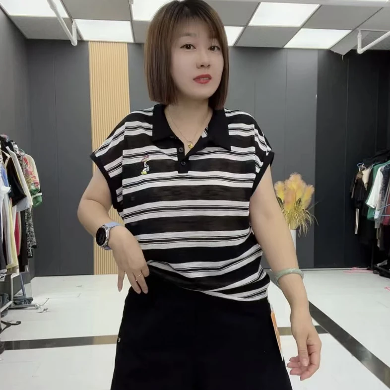 3109夏季休闲翻领短袖T恤潮流刺绣显瘦条纹减龄上衣