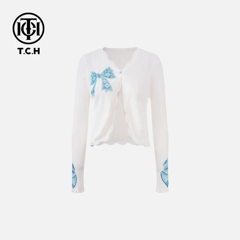 TCH私服烫钻工艺蝴蝶结长袖针织开衫女士T75A43E5025轻奢tch