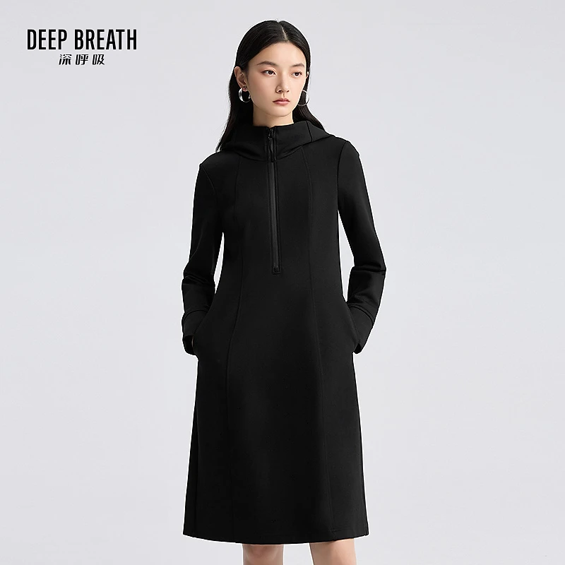 DEEP BREATH深呼吸新款时尚简约连帽收腰长袖中长连衣裙A500442