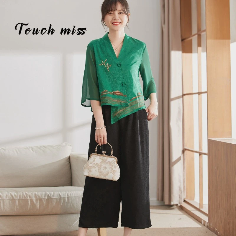 TOUCH MISS年轻妈妈夏装2025新款国风套装洋气时尚优雅女装雪纺