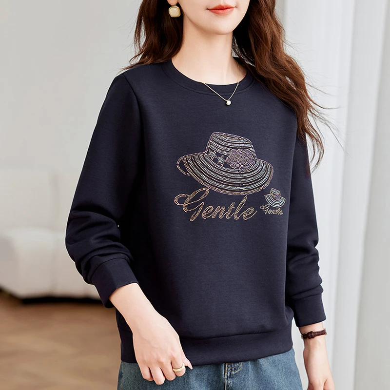 春秋新款女装时尚烫钻图案休闲流行女士百搭时尚洋气卫衣