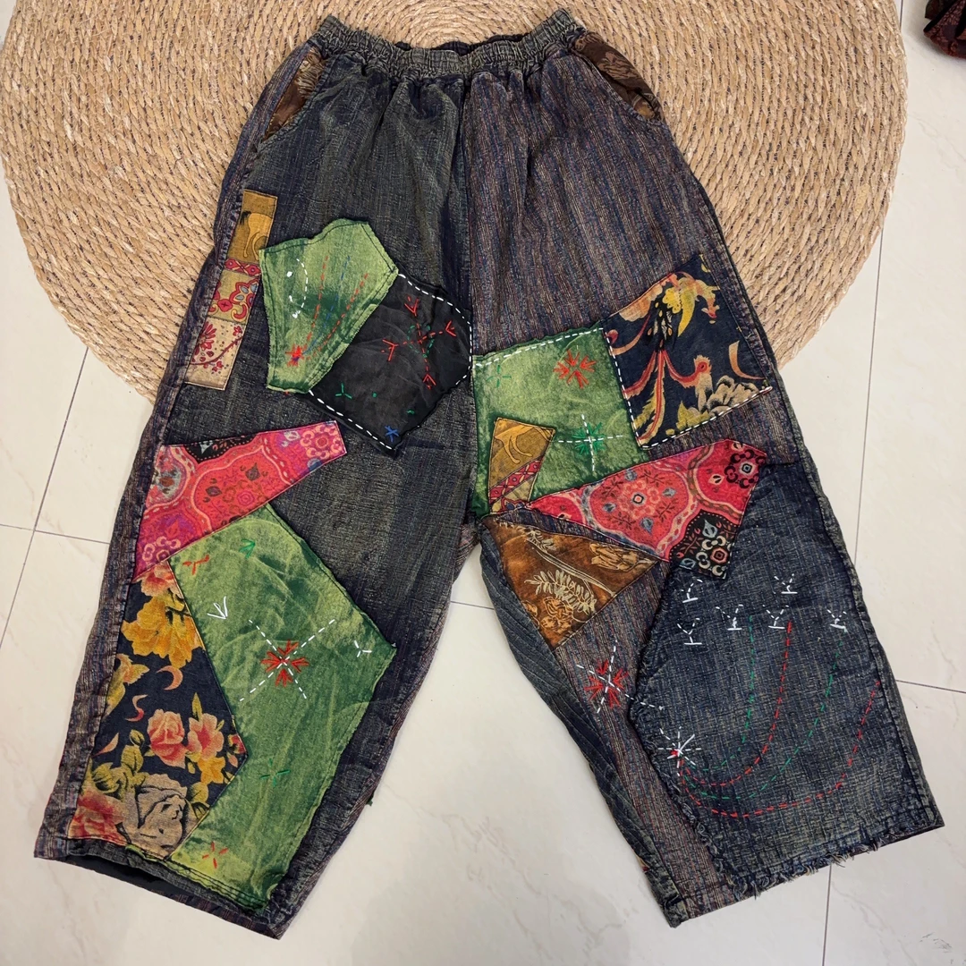 6复古洋气老布拼接减龄宽松时尚做旧显瘦休闲裤哈伦裤老爹裤